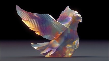 Iridescent glass dove sculpture, dark studio, peace symbol, website design