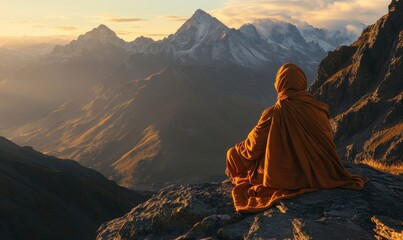 Monk Meditating on Mountaintop at Sunrise