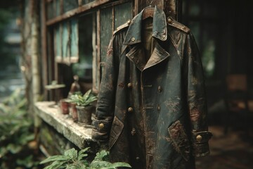 Worn Leather Jacket Hanging by a Window with Rustic Charm and Vintage Appeal
