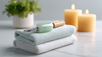 Jade roller on towels, spa, candles, relaxation