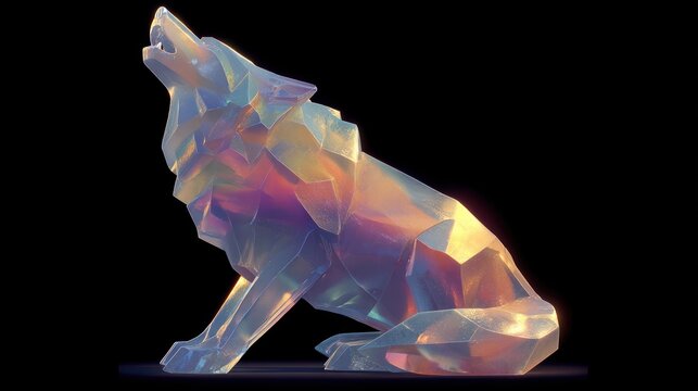 Iridescent wolf sculpture howling, dark background, digital art, design element - Powered by Adobe