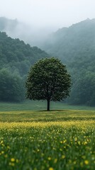 Solitary tree stands in a vibrant yellow meadow, misty mountains form a dramatic backdrop