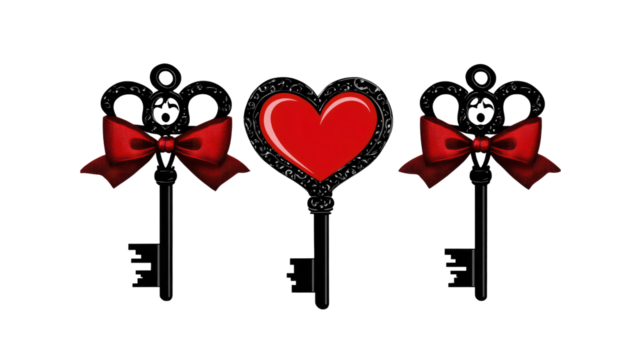 Two Ornate Keys with Red Bows and a Heart Key - Valentine's Day Symbol