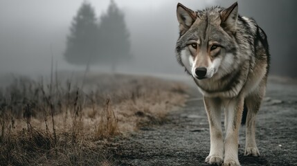 Fototapeta premium Majestic wolf on foggy road, forest background, wildlife