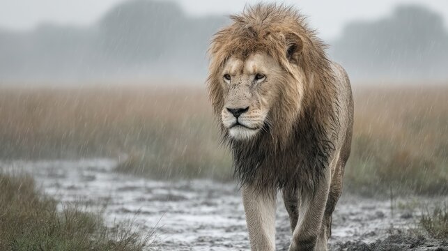Majestic lion walking in rain, savanna, wildlife
