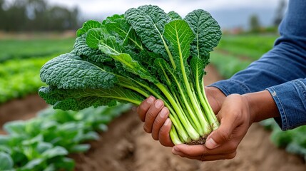 Close-up of farmer's hand holding fresh kale in the field, on the background of the farm. Concept of rural agriculture and growing vegetables. 