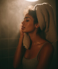 Young woman enjoying a facial steam bath in a spa