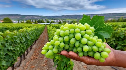 Close-up of farmer's hand holding bunch of fresh white grapes in field, farm background. Concept of rural agriculture. Organic farming and fresh produce.