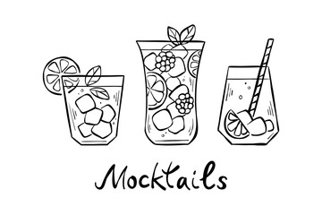 Collection of hand-drawn line sketches with different types of mocktails isolated on white background. Vector set of party drinks with citrus, straw and ice for logo, menu, or web banner.