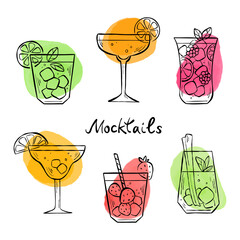 Set of different glasses variations of mocktails in sketch style. Vector line illustrations with watercolor background. Drawings of party drinks with fruits, straw and ice.