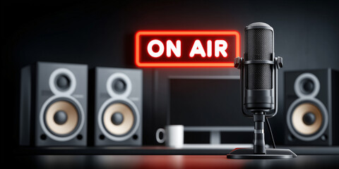 On air glowing neon sign with microphone and speakers in recording studio