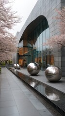 Modern museum, spring blossoms, reflective spheres, walkway