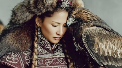 Mongolian woman, eagle, fur, mountains, portrait, calm, cultural heritage, costume, film still