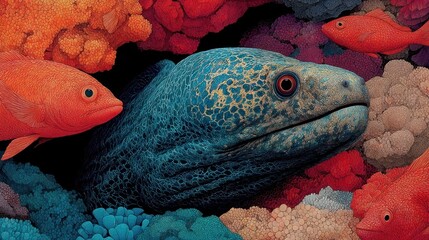 Moray Eel Reef Portrait Vibrant Coral, Ocean Life