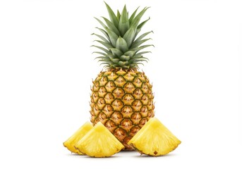 Whole pineapple with slices isolated on white background