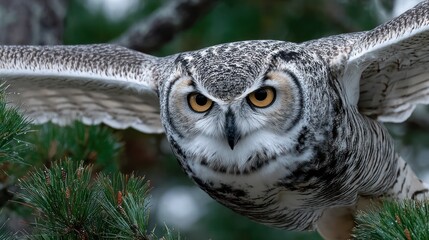 Owl in flight, forest, close-up, blurred background, wildlife