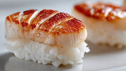 Pan-seared scallops on sushi rice, close-up, restaurant setting