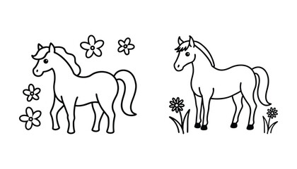 Two outline drawings of horses in a meadow with flowers