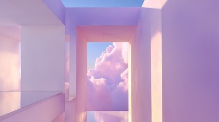 Pastel architecture, sky view, dreamy cloudscape, product display