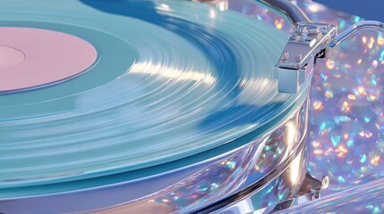Pastel vinyl record spinning, iridescent background, studio