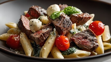 Penne pasta, steak, mozzarella, cherry tomatoes, spinach