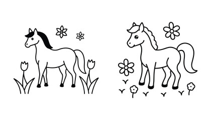 Two cartoon horses in a field of flowers