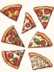 Hand Drawn Pizza Slice Icon Set Vector Illustration 