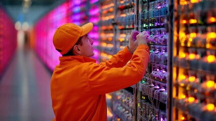 Obraz premium Worker checks colorful light panels in indoor vertical farm