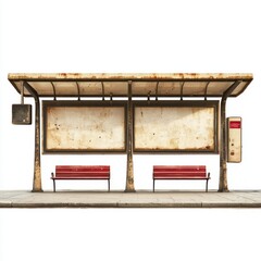 Worn bus stop with blank ads and two red benches