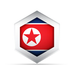 North Korea Flag Icon – 3D Hexagon Vector with Red Star and Blue Stripes
