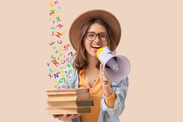 Young woman with books shouting into megaphone on beige background. Artist as Outlaw Day