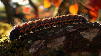 Vibrant Orange and Black Caterpillar on Bark