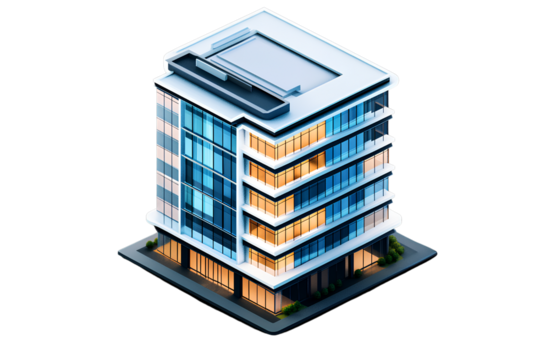 - Pixel art icon of a modern office building, with a white and blue color scheme, in an isometric view, against a black background. 
