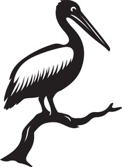 Pelican perched on branch silhouette, Resting pelican on tree black design