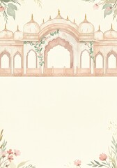 Mughal Pavilion Watercolor with Jali Arches and Floral Border on Textured Background