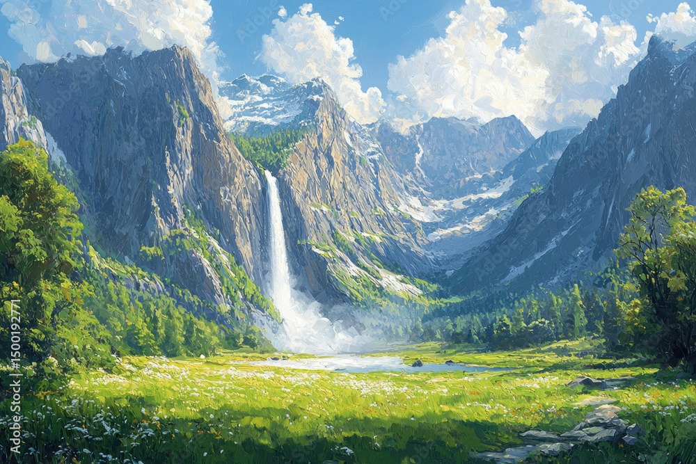 Poster Serene mountain valley landscape with a majestic waterfall cascading down towering cliffs into a tranquil meadow.