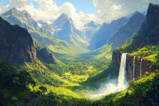 Serene valley nestled in majestic mountains, a breathtaking waterfall cascading down rocky cliffs under a sunny sky.