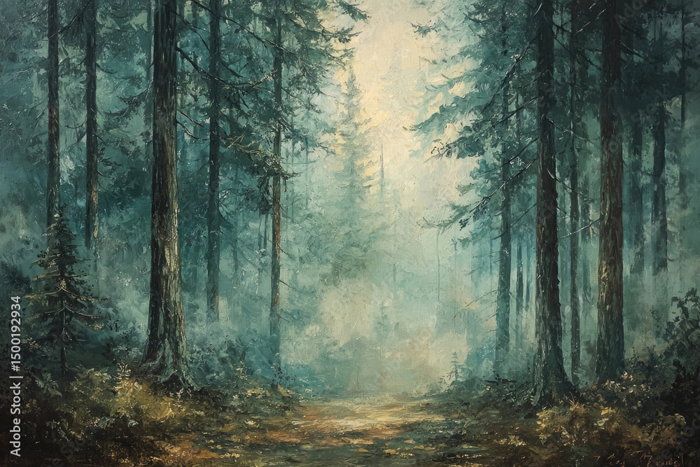 Poster A misty forest path winds through tall, slender trees, creating a serene and mysterious atmosphere.