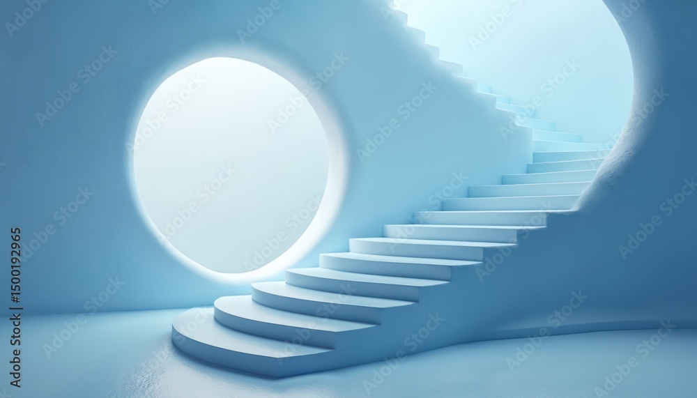 Aufkleber Abstract serene blue space with flowing shapes, stairs. Interior modern design with light. Smooth curves, minimalistic futuristic. Clean pathway to open sky. Architectural minimalistic