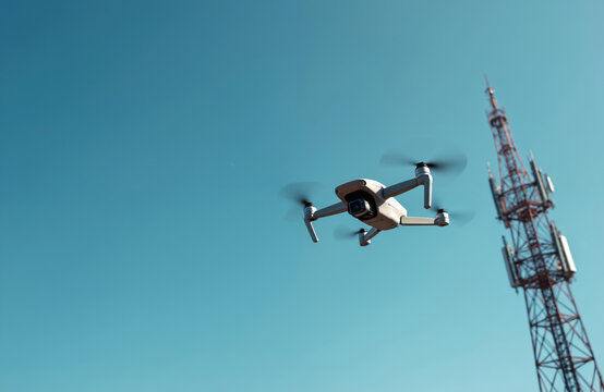 Drone in flight near communication tower against clear blue sky. Aerial photo, drone tech, remote controlled aircraft for telecom, surveillance. Modern equipment, high-tech innovation concept.