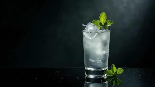 Chilled glass of Greek ouzo, a traditional anise-flavored aperitif, served with ice and fresh mint leaves on a dark, reflective table. Elegant moody background