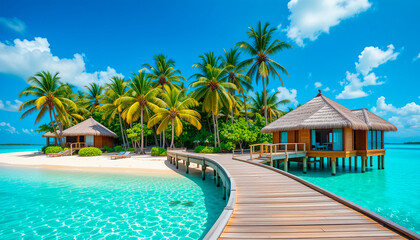 Obraz premium Tropical beach landscape with white sand meeting turquoise waters. Two wooden overwater bungalows on stilts over the crystal clear waters of the lagoon.