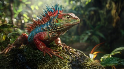 Obraz premium Vibrant lizard resting atop a mossy rock in a lush jungle.