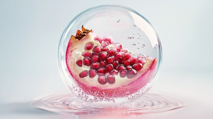Half pomegranate in bubble, pink jelly with seeds on water. Realistic, bright, high-res product shot