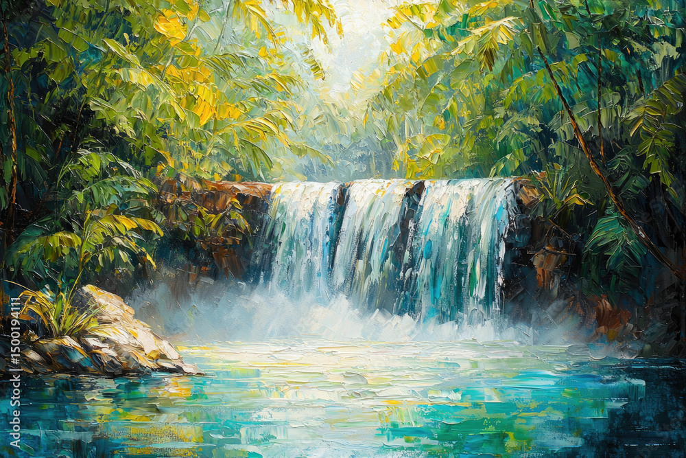 Poster Serene waterfall cascading through lush tropical foliage, creating a tranquil oasis.