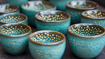Teal Ceramic Cups with Gold Dots: Artisan Pottery Collection