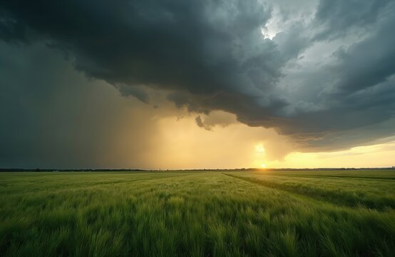Dramatic storm clouds over green rural field landscape. Dark sky over wheat field during sunset. Nature weather scenic photography of storm, rain, agriculture, environment. Climate change concept. - Powered by Adobe