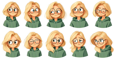 Stickers set of blonde with long hair girl in green hoodie and wearing glasses with different facial expressions. Clipart icons illustration elements collection isolated on transparent background.