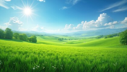 Obraz premium Scenic summer photo of lush green pastures and clear blue sky. Explore Earth beauty. Sunny day at meadow, green hills, mountains, trees. Nature landscape, idyllic rural scene.