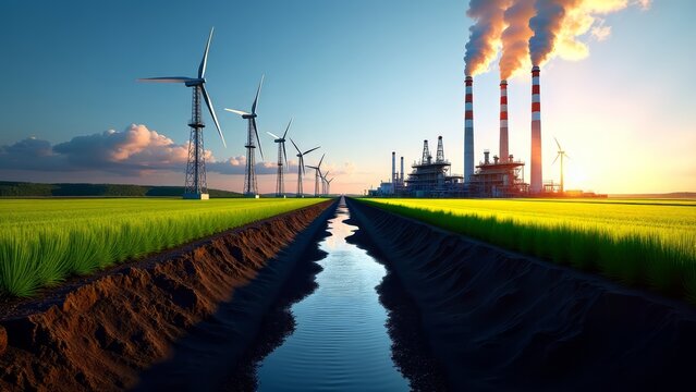 sustainable vs fossil fuel: wind farm, power plant contrast
